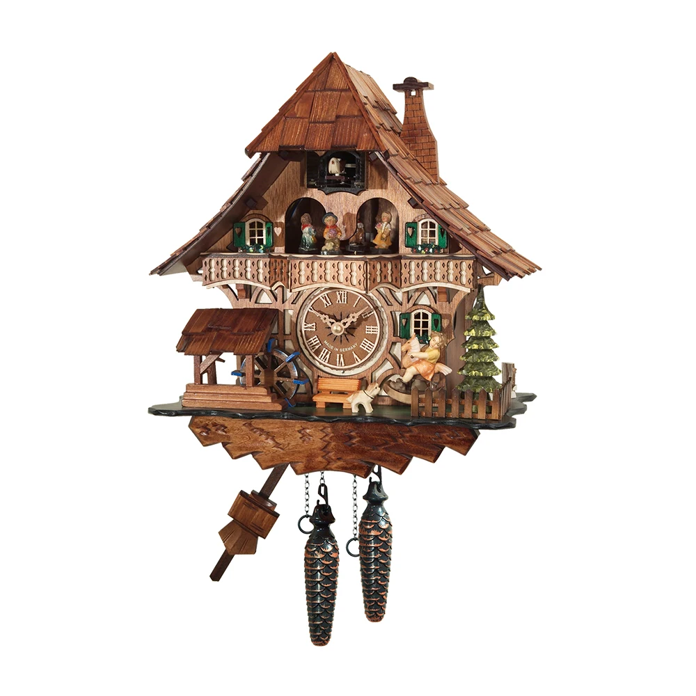 Лидер продаж сделанный в Германии ручной работы черный лесной дом с кукушкой часы лошадью-качалкой и мельничным колесом