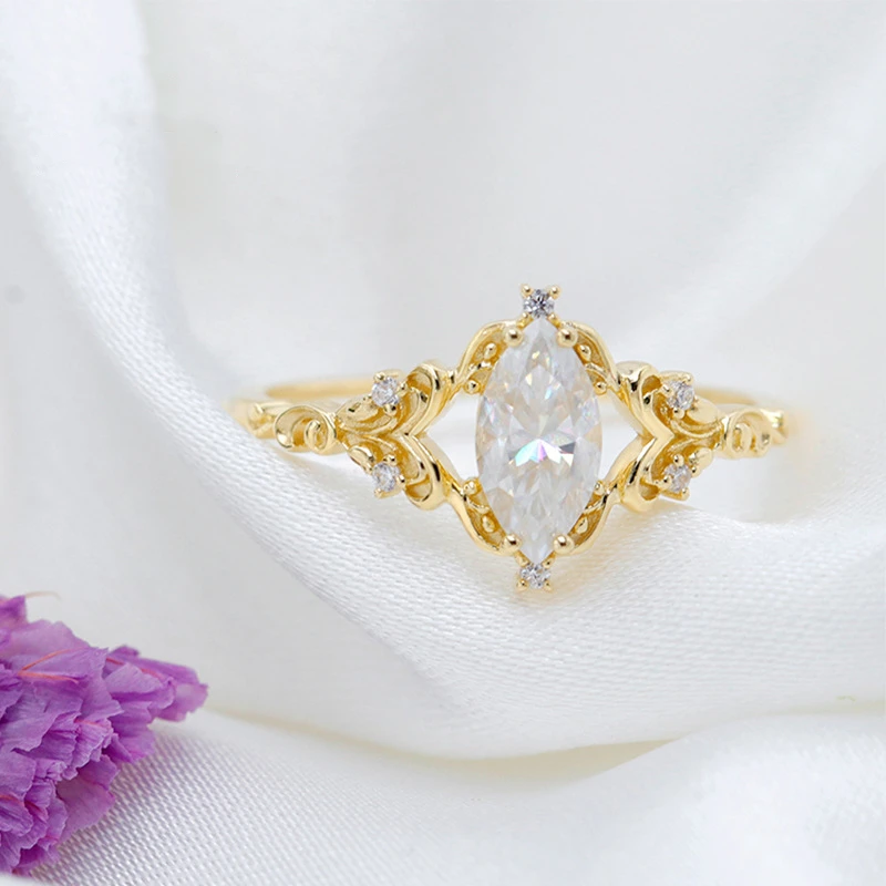 Firstmadam 10 Karat Gold Marquise Cut Moisantie Diamond Ring For Engagement Promise Ring