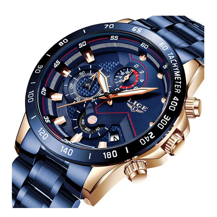New Fashion Mens Watches with Stainless Steel Top Brand Luxury Sports Chronograph Quartz Watch Men Relogio Masculino Lige Watch