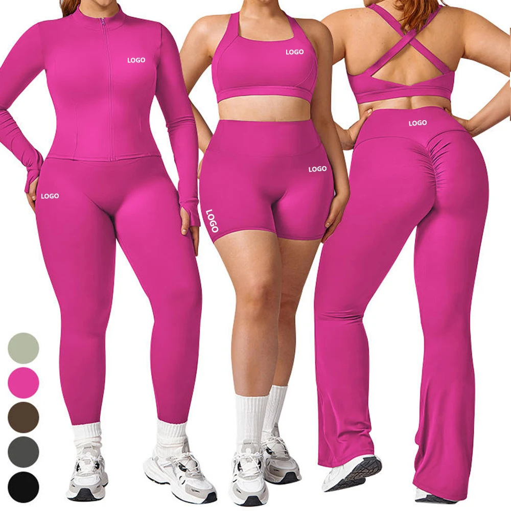 OEM ODM Plus Size Women Flare Pants Running Tight Sports Bra Jacket 5Piece Suit Yoga Leggings Biker Shorts Set Gym Fitness Sets