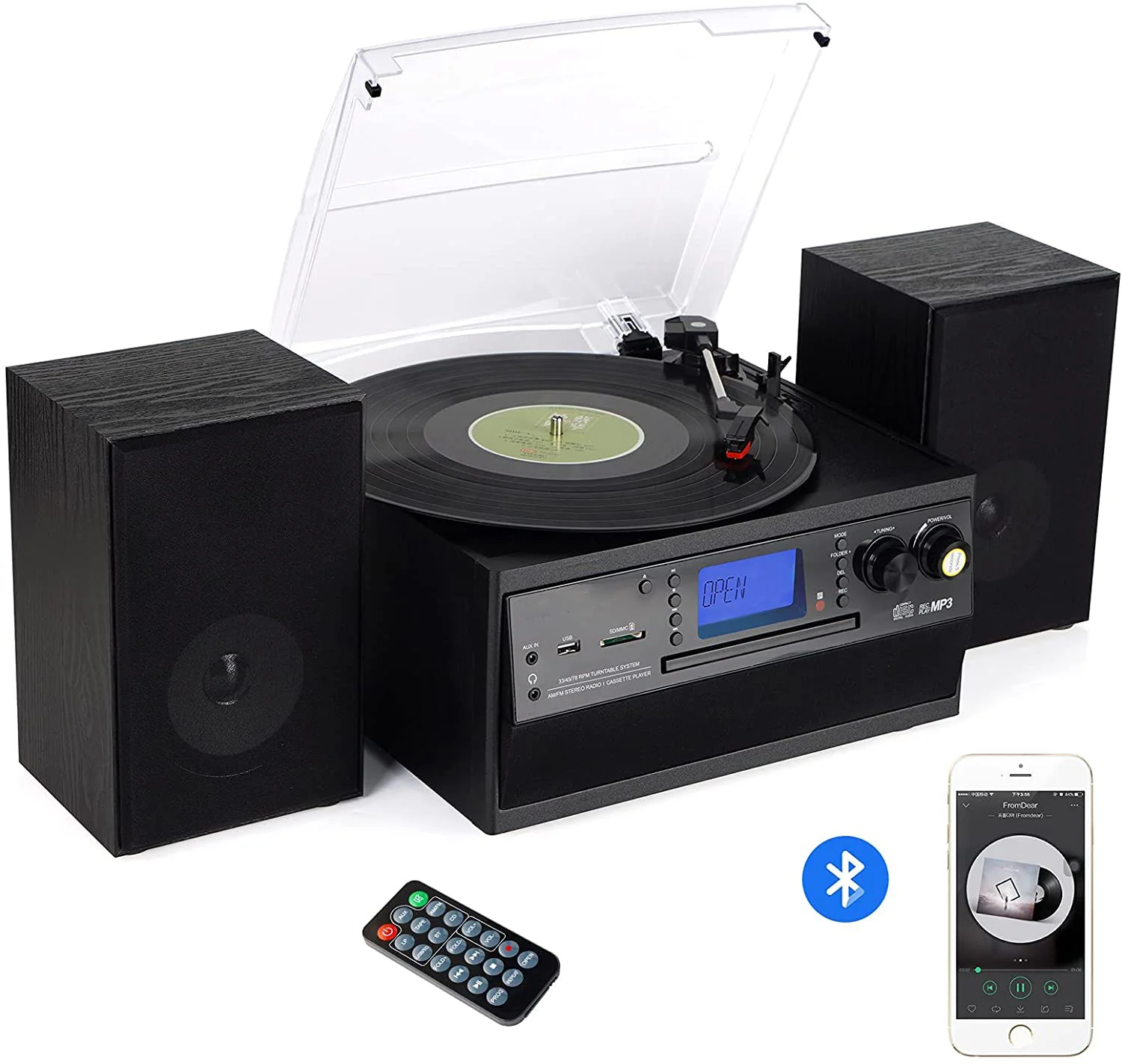 Twin CD Turntable with two Stereo Speakers, LP Vinyl to MP3 Converter with CD, Cassette, Radio, Aux in and USB/SD Encoding