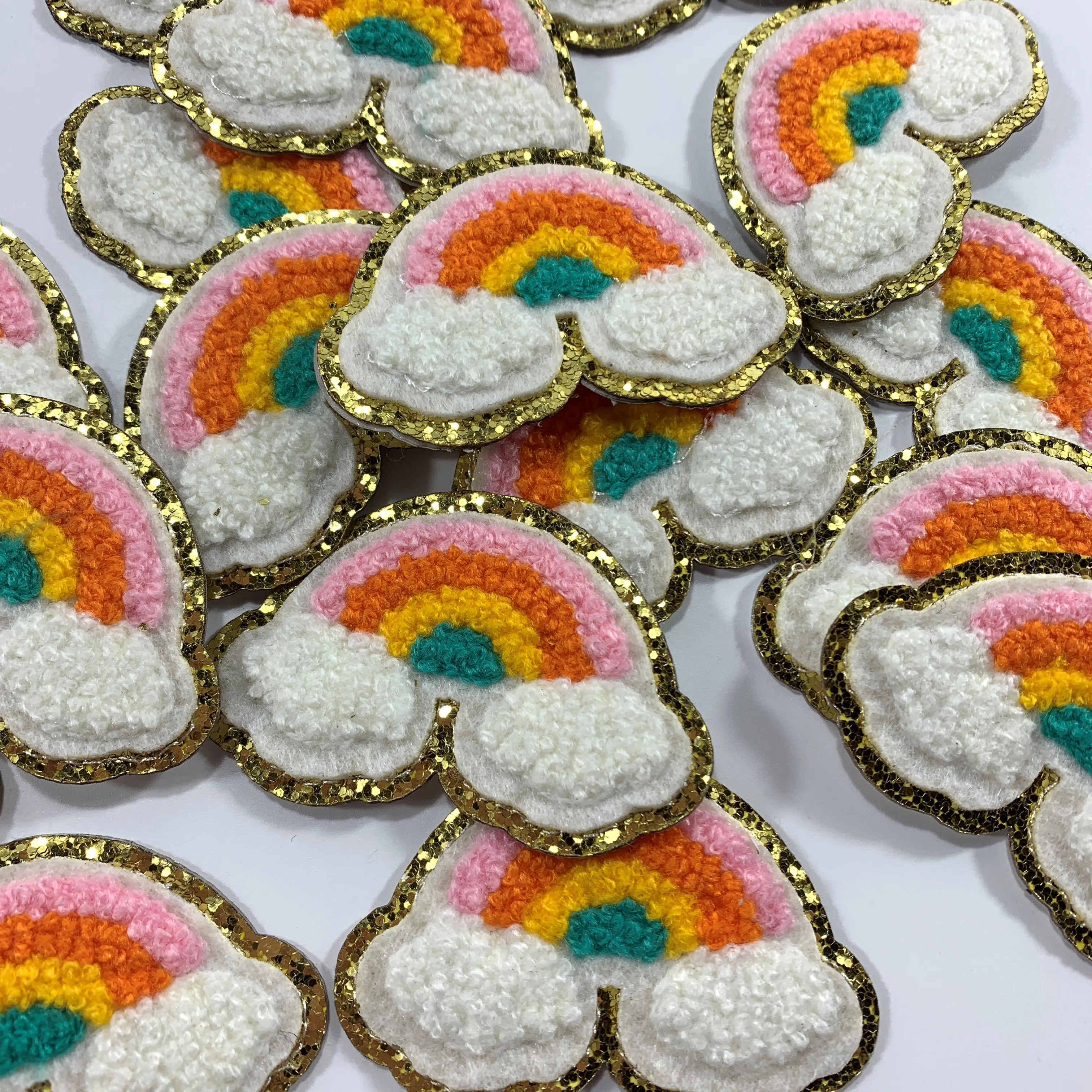 High quality exquisite embroidery Rainbow Lighting Face Heart Star glitter chenille iron on bag applique patch for cosmetic bag