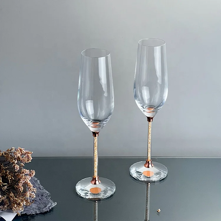 230 ml Handmade Rose Gold Diamond Long Stem Champagne Flutes Champagne Wedding Glasses Goblet