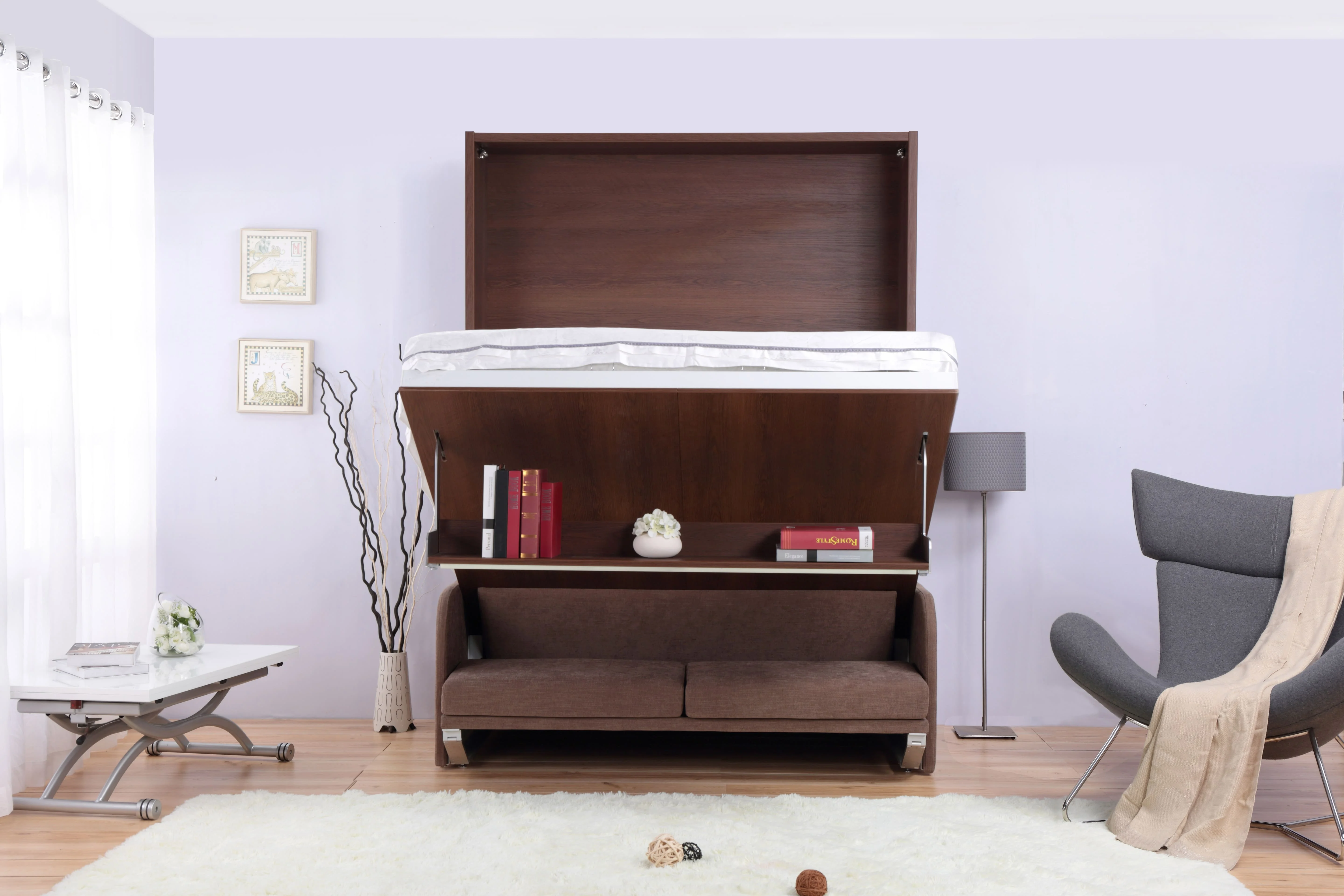 Foldable Bed Wall Murphy Sofa Free Standing Wall Bed With Book Shelf And Sofa/Arm For Apartment