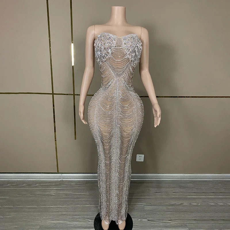 Y3638 Dropshipping Products 2024 Beaded Tassel Chain Luxurious Club Dress Womens Clothing Elegant Transparent Mesh Dress