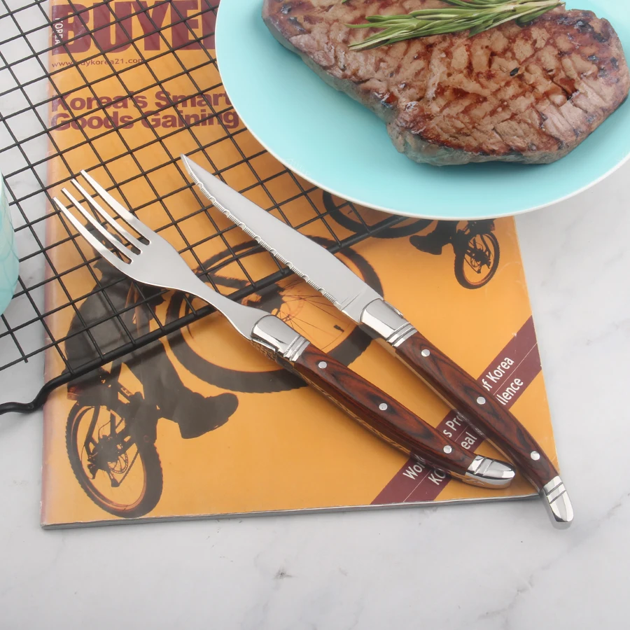 Classic Laguiole Stainless Steel Steak Knife Set And Fork 2 PCS Wooden Handle Flatware Set