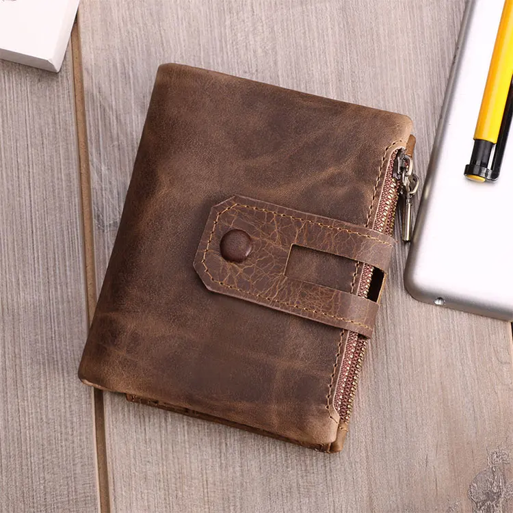 High Manufactures Rfid Blocking Zipper Pocket Large Capacity ID Card Crazy Horse Oem Leather Men Coin Purses Wallet