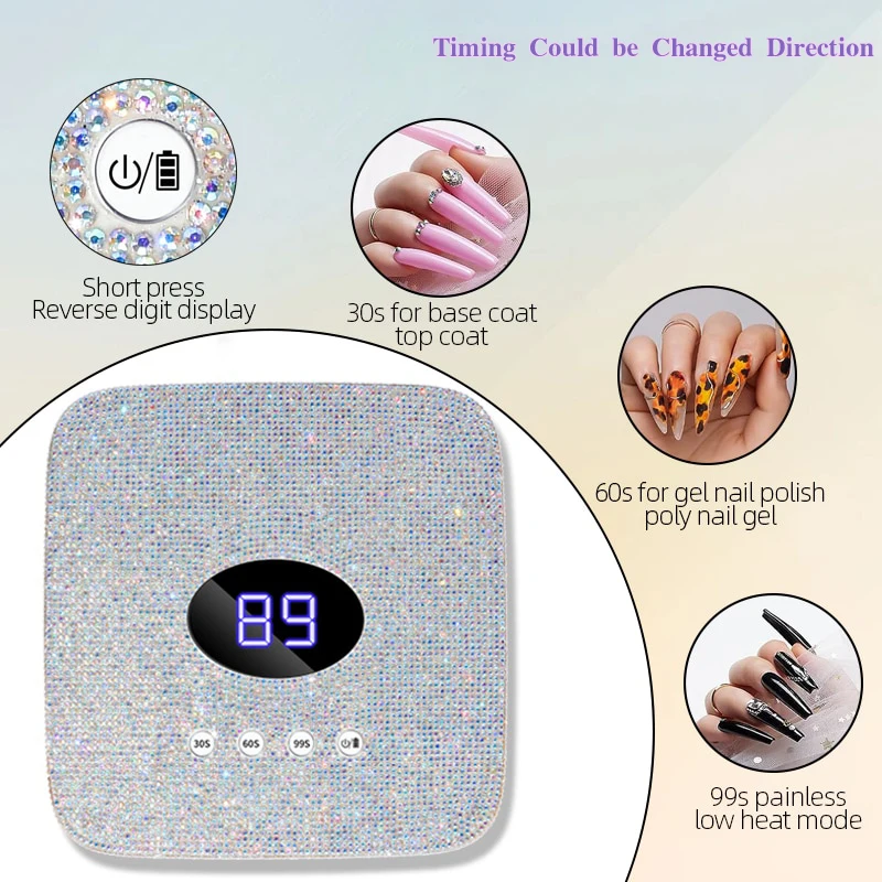 HJS Diamond LED Gel Lamp 54W UV with Smart Sensor 9600Mah Large Battery Pedicure Speed Plastic Wireless Rhinestone UV lamp