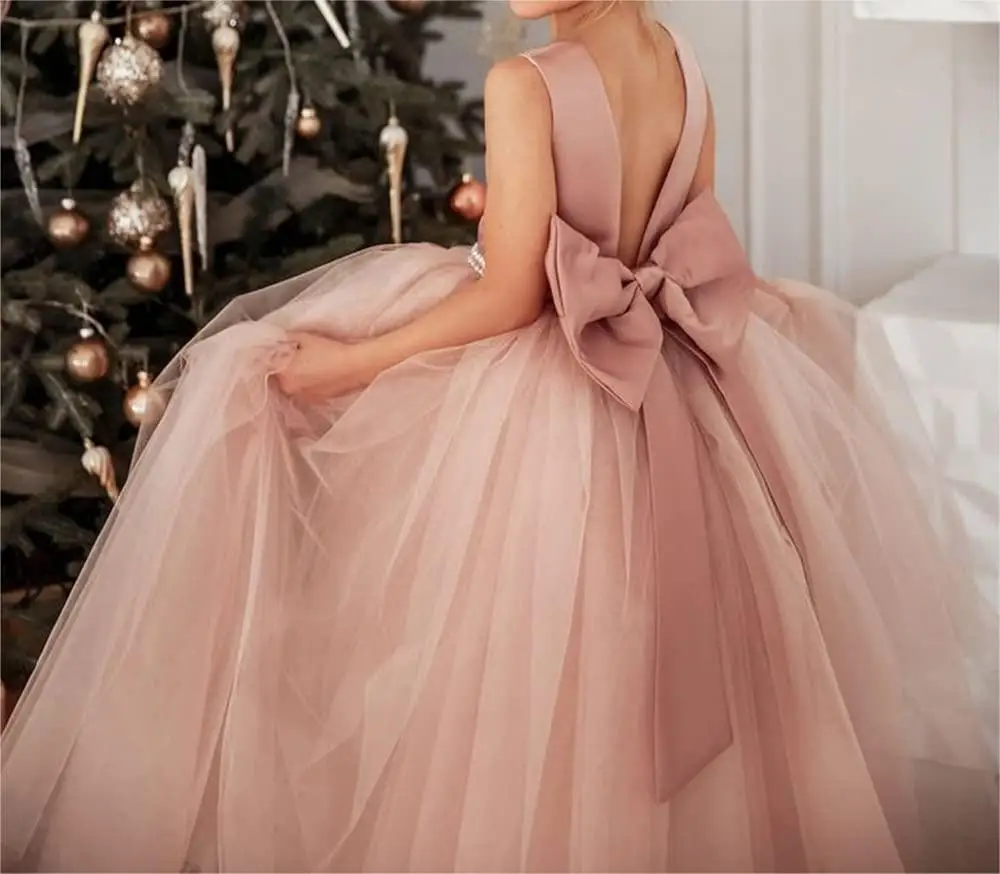 High Quality Girl Wedding Dress Flower Girl Birthday Party Dresses  Satin Tulle Princess Pageant Dress  with Bow-Knot