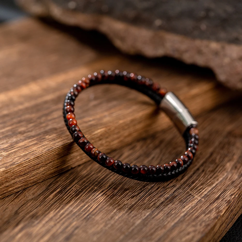 Handmade Jewelry Natural Stone Man Leather Bracelet Lava Stone Lapis Lazuli Tiger Eye Bead Man Braided Leather Bracelet