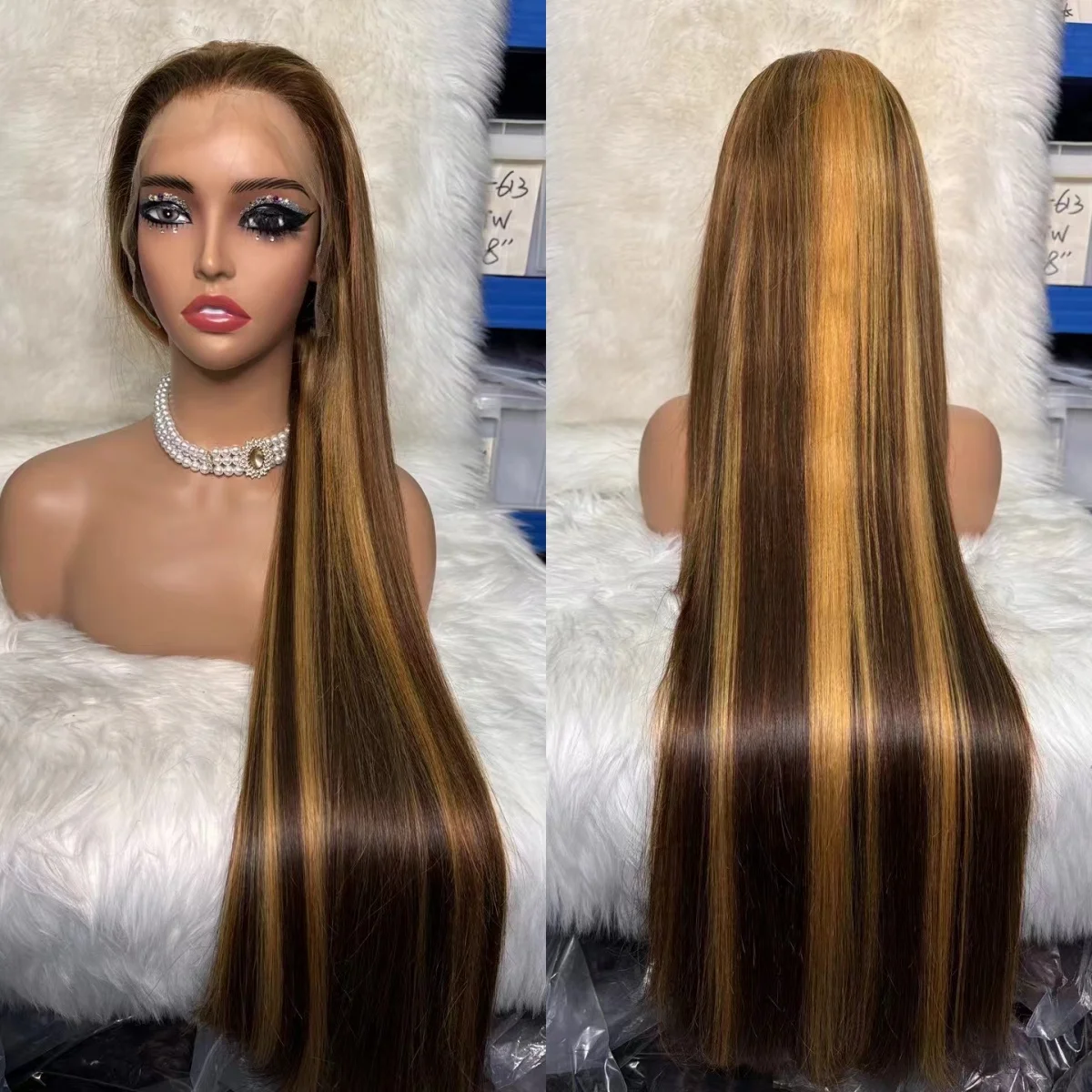 34Inch Bone Straight Highlight Lace Front Human Hair 13x4 long wig super double drawn hair with high density straight wig