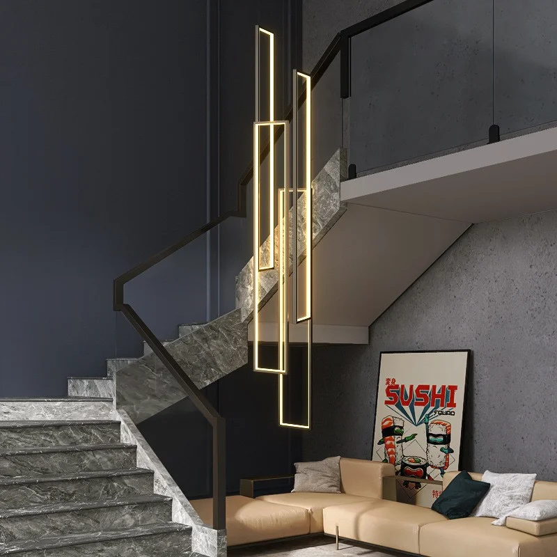 Modern simple style villa living room duplex loft spiral stairwell Metal long square frame stair chandelier