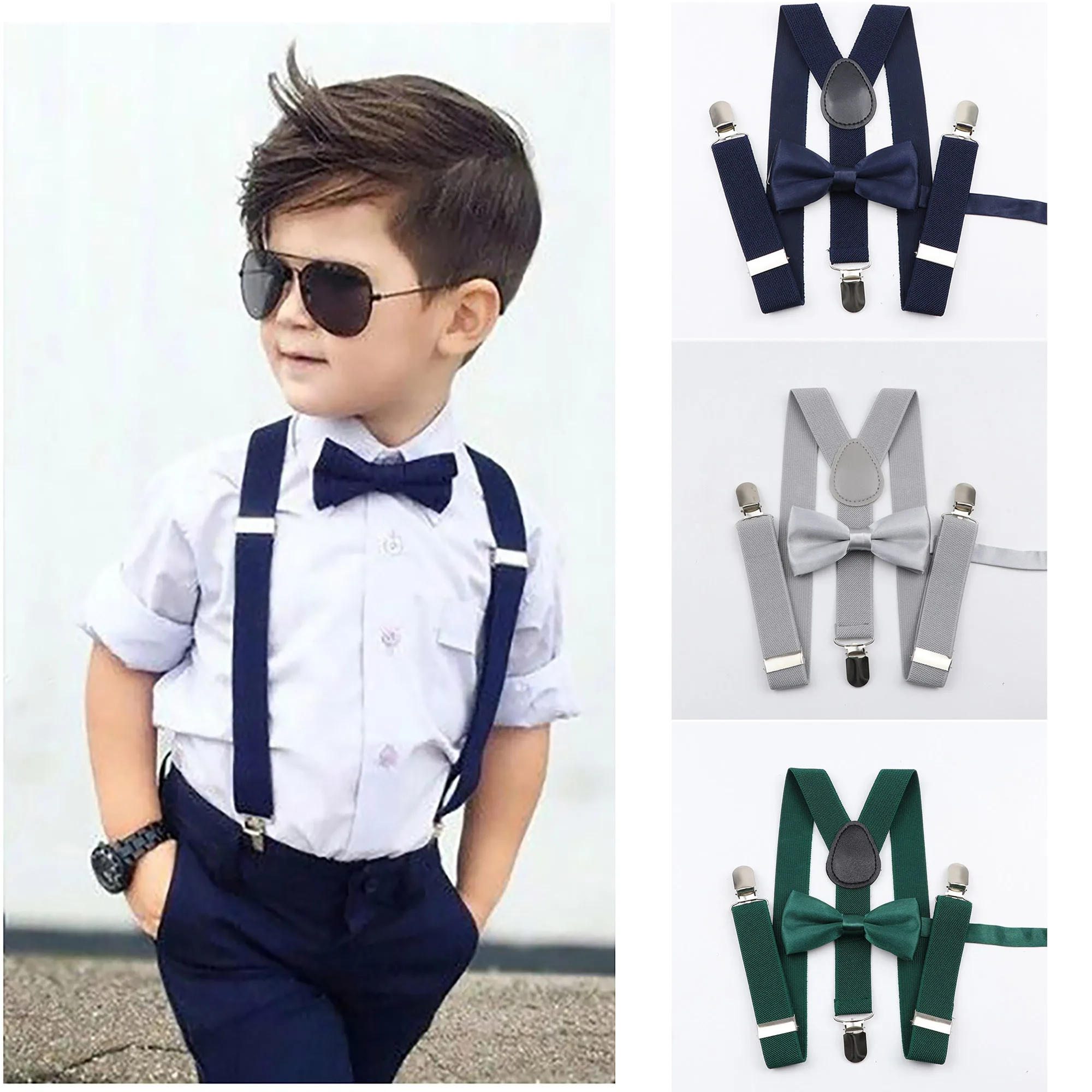 Custom Soild Color Children Belt Bowtie Set Baby Boys Girls Suspenders Clip-on Y-Back Braces Bow Tie Elastic Kids Adjustable