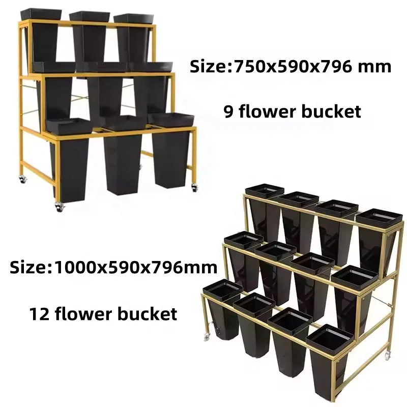 Hot Sale Showroom Store Movable Decorative Artificial Flower Greet Plant Golden Metal Display Stand Rack With 9/12 Buckets