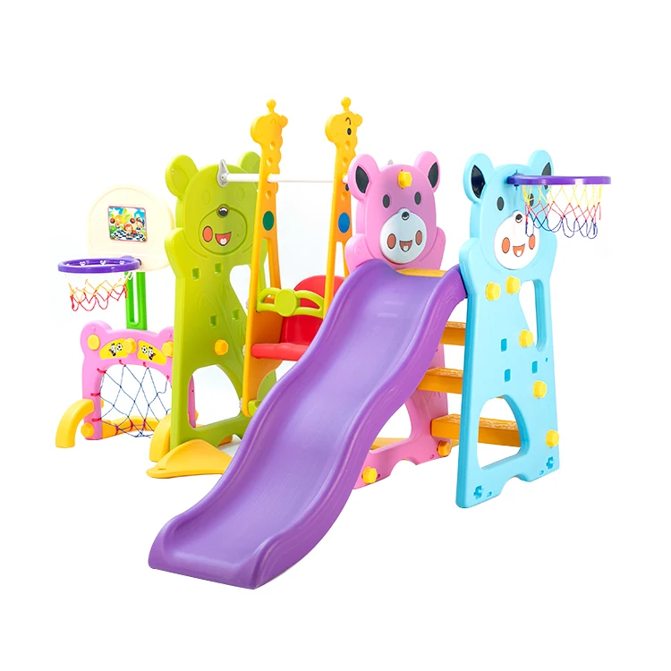 5 In 1 New Commercial Panda Kids Baby China Games Plastic Slide With Swing Set On Sale For Kids