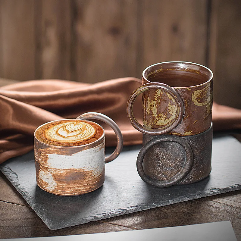 2024 New Creative Ceramic Coffee Cup Stackable Ins Retro Water Mug Geometric Ring Handle Microwave Safe Pottery Clay Cups Travel