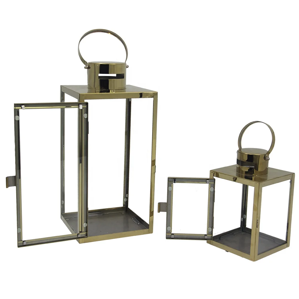 Gold Set Of 2 Modern Clear Glass Hanging Antique Floor Decorative Metal Stainless Steel Candle Lanterns