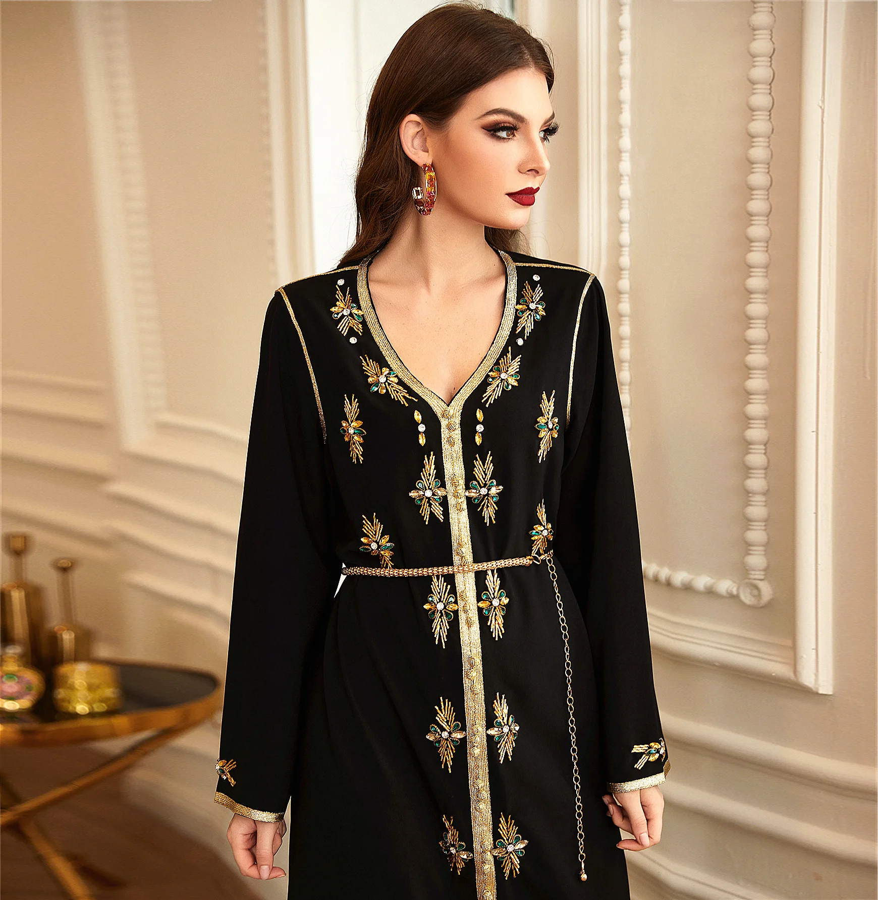 2023 New Black Beaded Islamic Evening Dress Abaya Women Muslim Dress Dubai Middle East Robe  Floor-length Dress