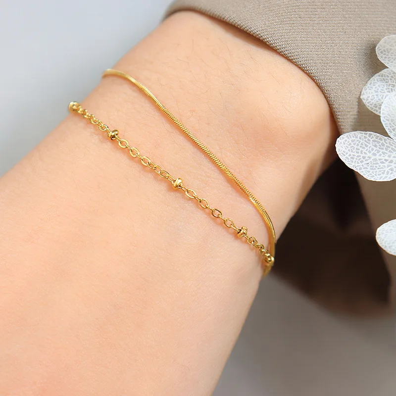 Custom 18k Double Snake-Bone Non-Tarnish Bead Chain Bracelet 316l Stainless Steel Snake Bracelet