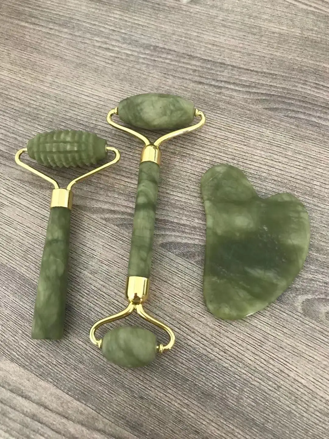 Hot design 3 in 1 natural jade stone gua sha and jade roller Scrapping facial Massage Tool with logo box,mini jade roller set