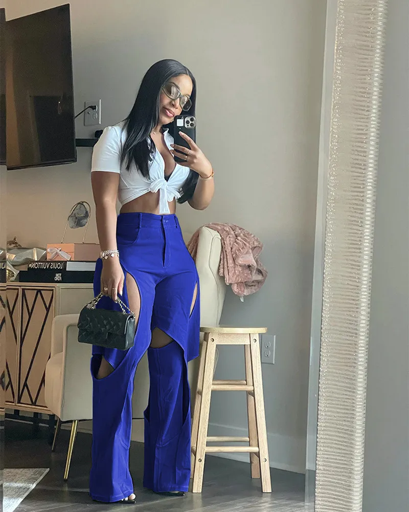 Women Fashion Cargo Pants Long Wide Leg Pants Solid Hollow-out Design High Waist Loose Casual Pants For Ladies