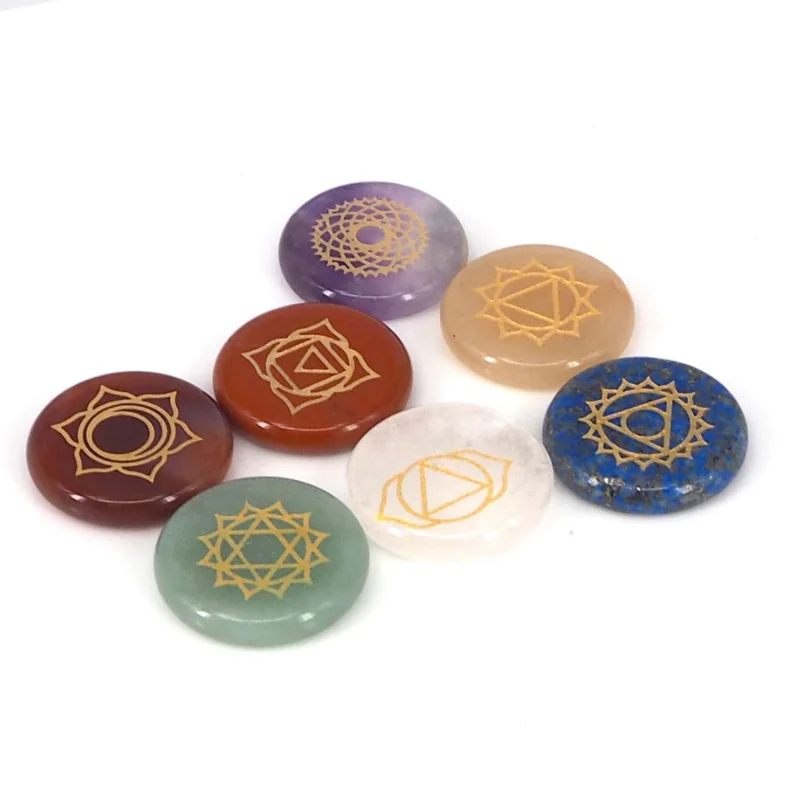7 Seven Chakra Engraved Holistic Balancing Polished Reiki Healing Solids Crystal Mens Chakra Symbols Tumbled Palm Stone Sets Kit