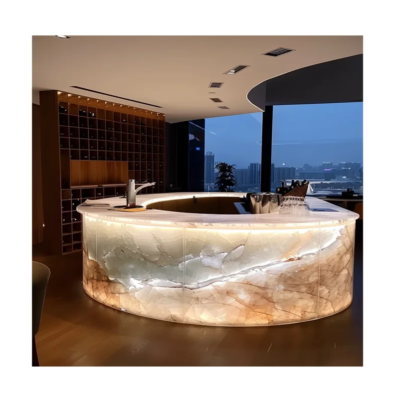 Modern Designer Table Extendable Reception Desk Bar Water Ripple & Rainbow Haze Falling Glass Stained Island Made Marble