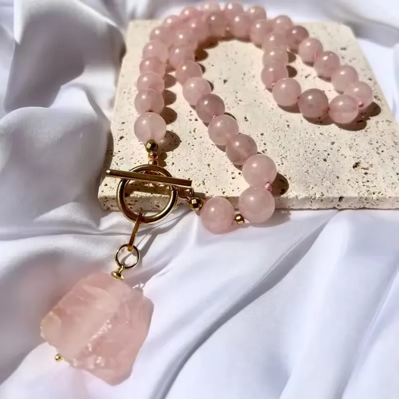 Beautiful rose quartz gem beaded necklace, original stone pendant necklace jewelry