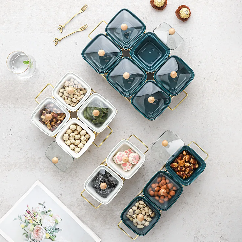 Оптовая продажа, скандинавские закуски, орехи, тарелка для сушеных фруктов, стеклянная крышка, тарелка, керамическая тарелка с крышкой, разделительная тарелка из железа для фруктов