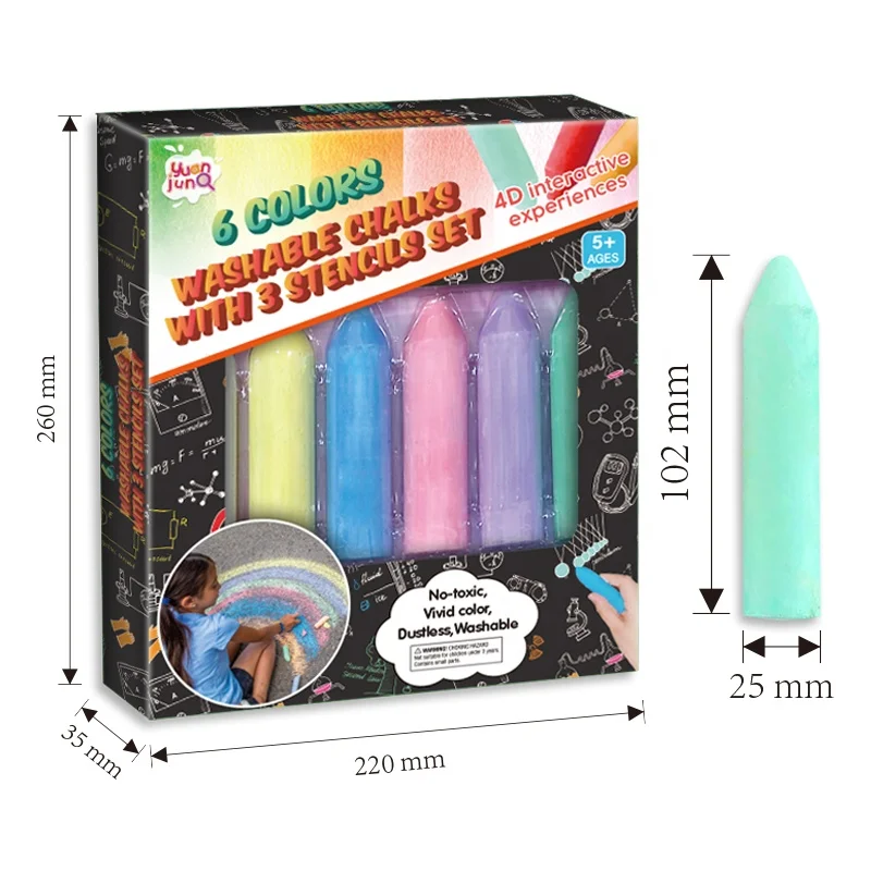 2024 Wholesale 6 Colors School Blackboard Washable Big Dust Free Sidewalk Chalk With 3 Stencils