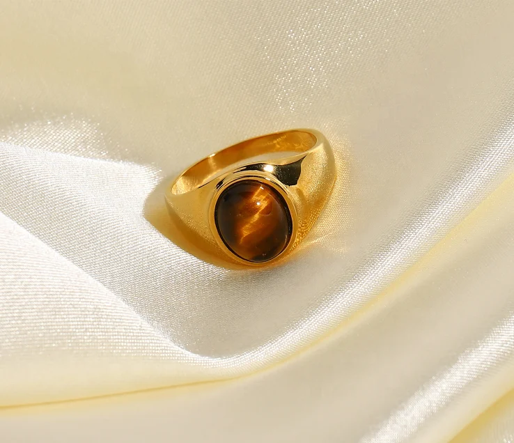 
Elegant Vintage Stainless Steel Rings For Women Bohemia Oval Tiger Eye Stone Obsidian Engagement Rings Jewelry 