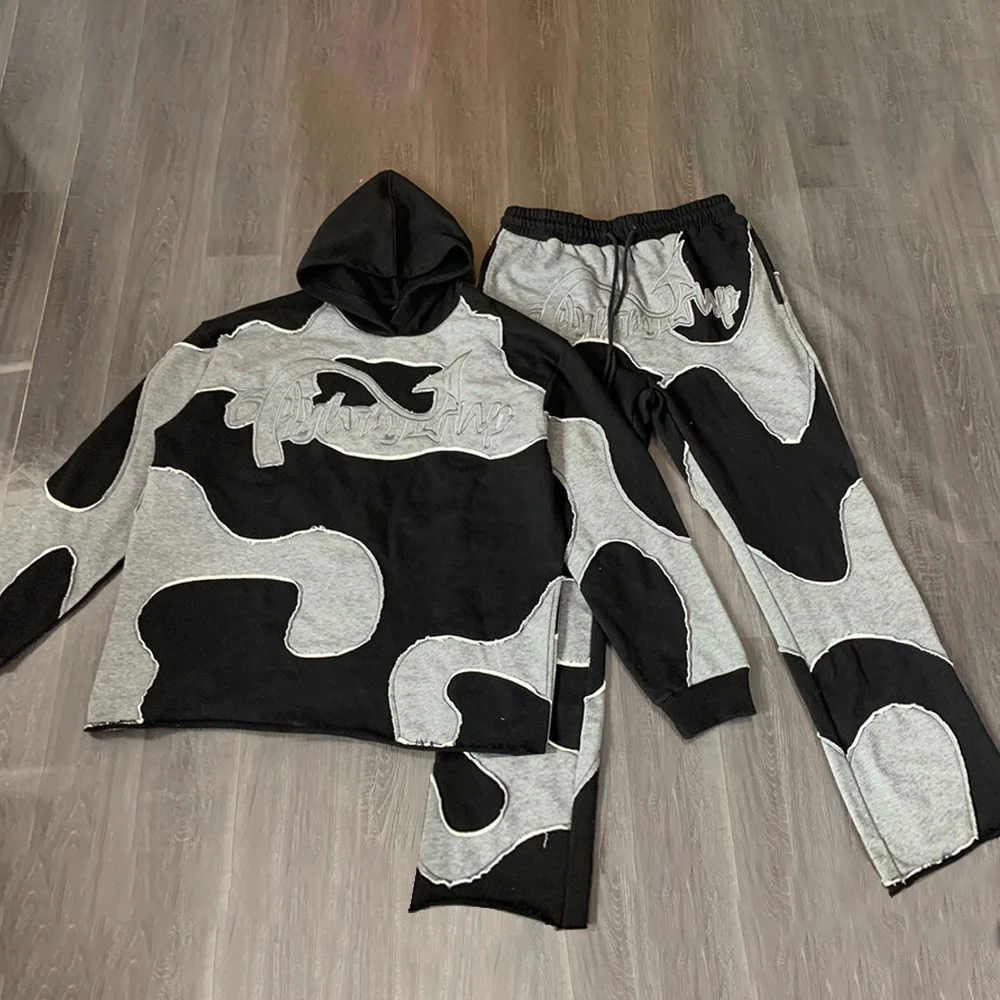 Custom streetwear cut and sew pants distressed embroidery applique patch 100% cotton men sweatpants