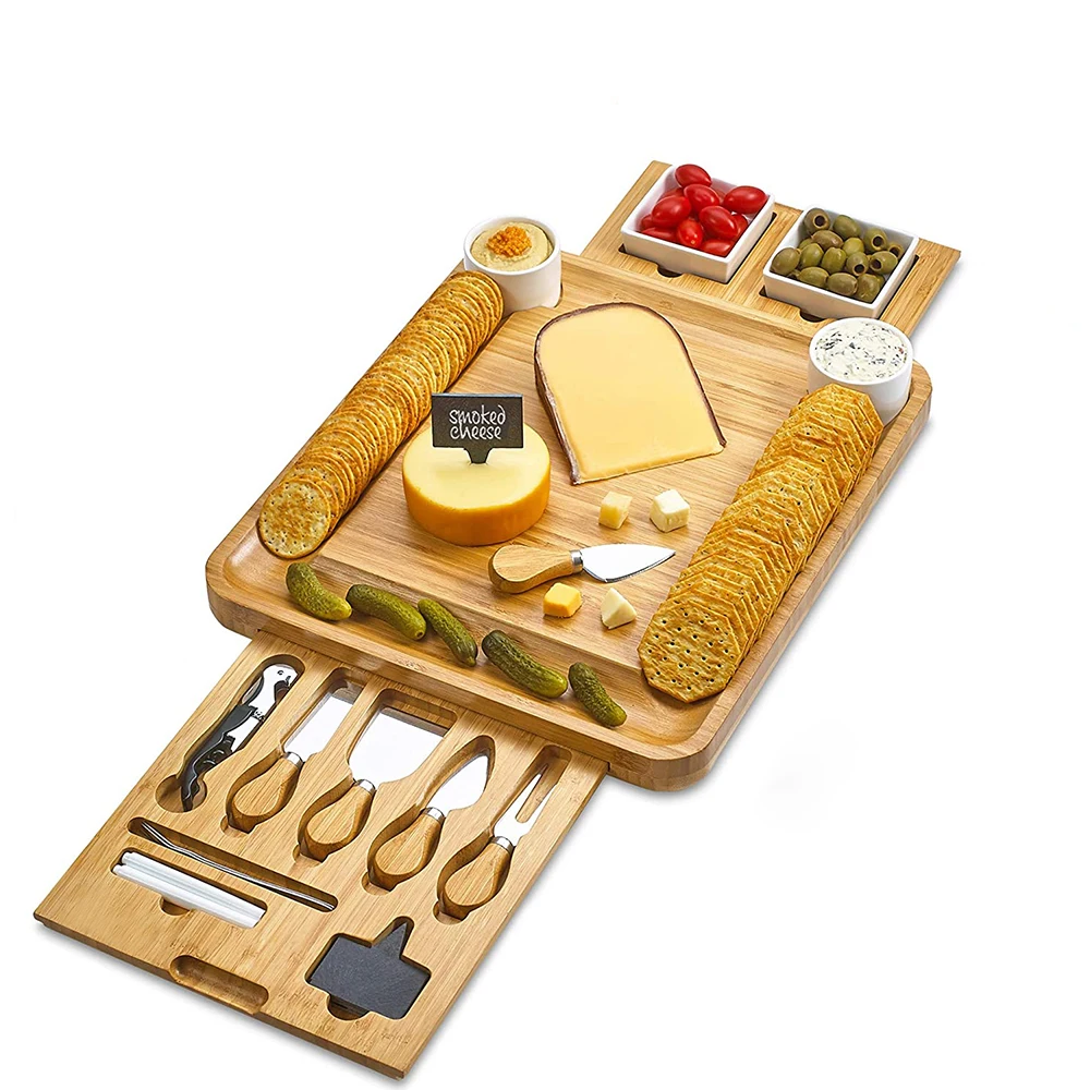 Cheese Board 2 Ceramic Bowls 2 Serving Plates. Magnetic 2 Drawers Bamboo Charcuterie Cutlery Knife Set
