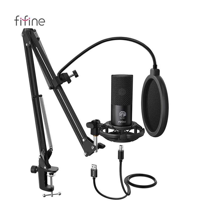 Fifine Новое поступление профессиональный студийный микрофон для записи arm stand mic компьютерный USB конденсаторный