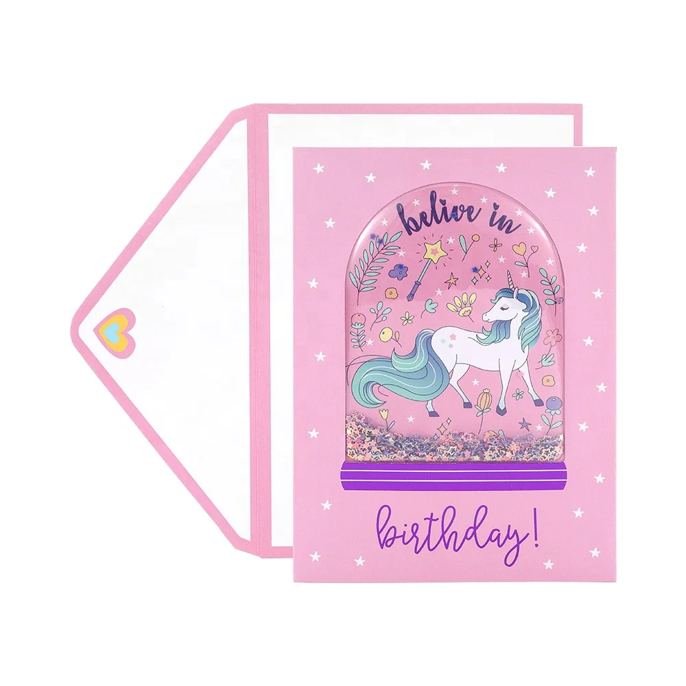 Luxury Kids Unicorn Shake Happy Birthday Cards, Custom Printing Funny Handmade 3D Greeting Cards for Girls