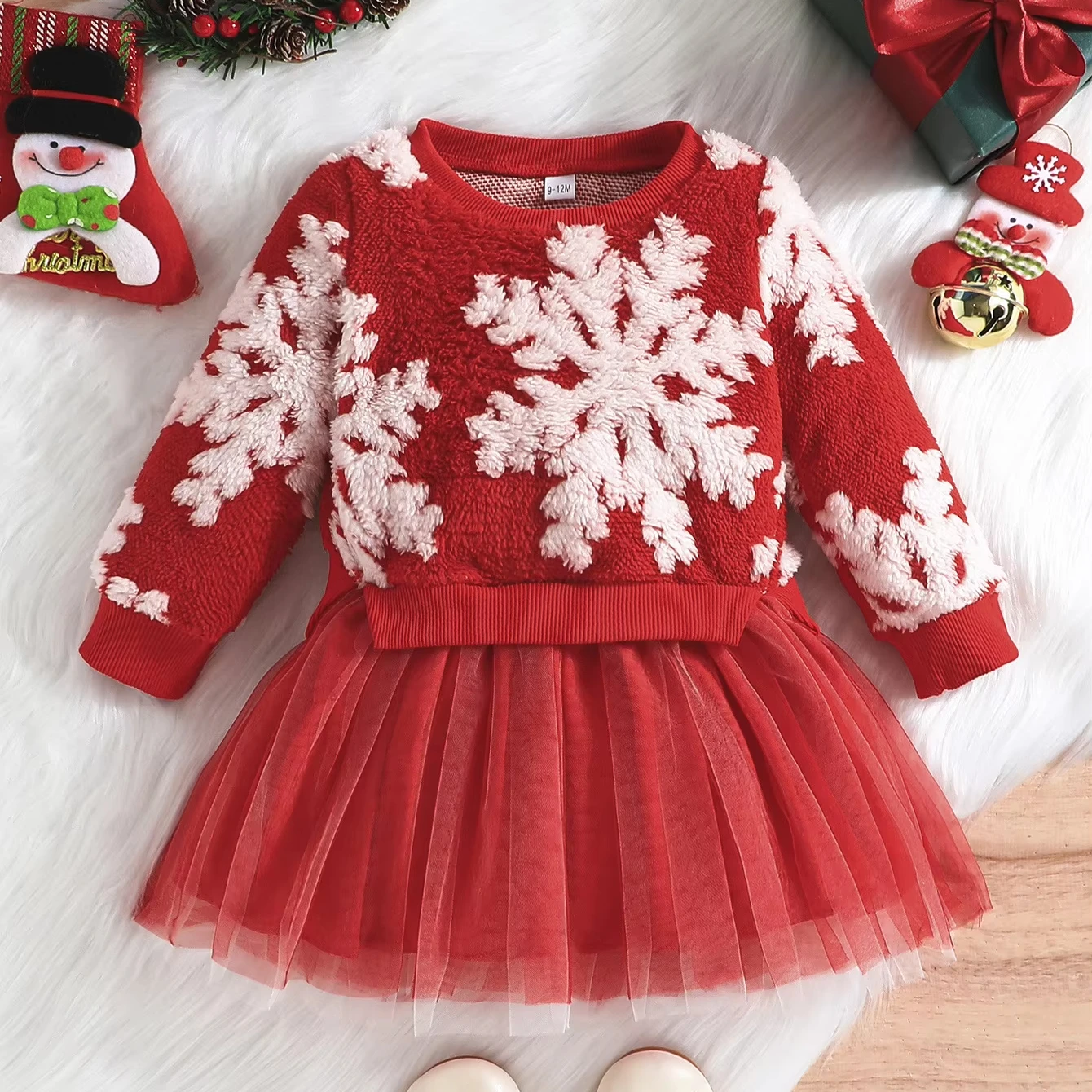 2024 European and American New Girls Long-Sleeved Dress Christmas Red Snowflake Stitching Mesh Age Group Children
