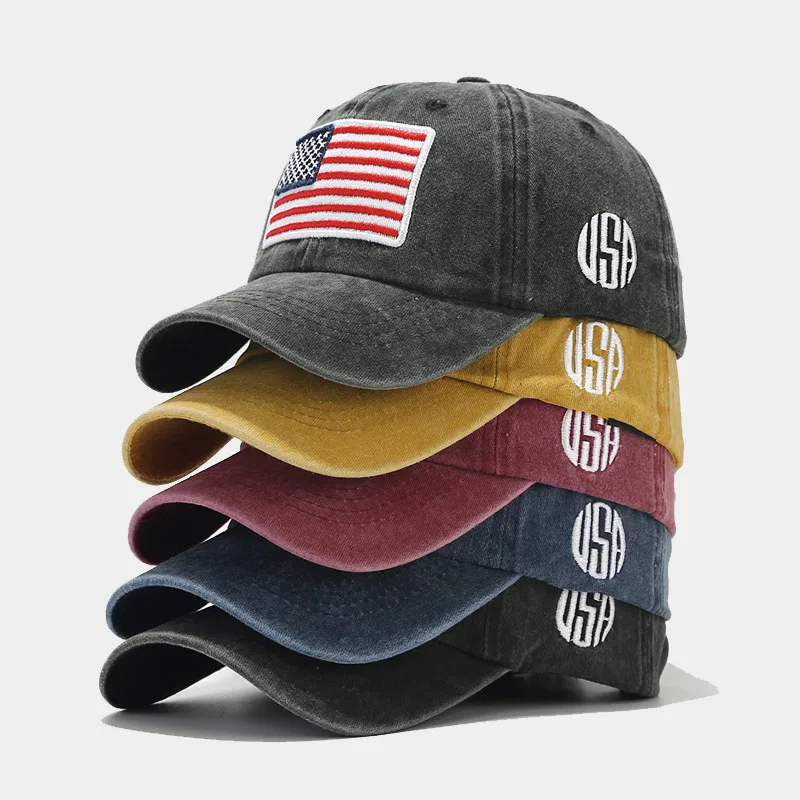 Hot Selling American Flag Vintage Washed Denim Hat Adjustable Washed Distressed Baseball Hat For Men and Women