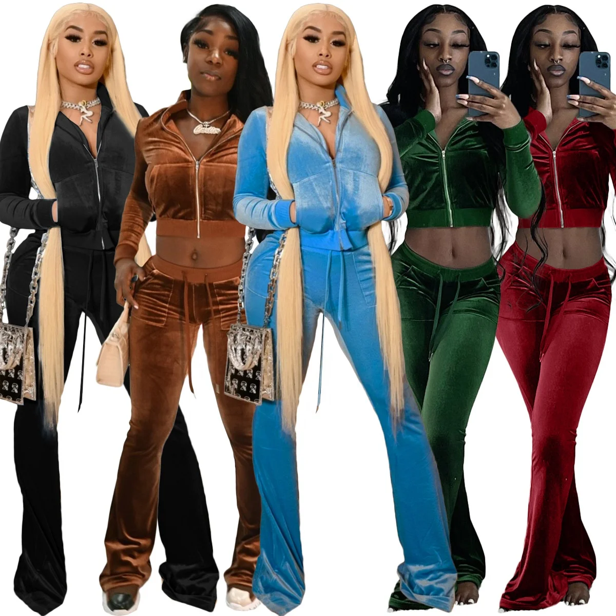 New Velvet Tracksuit For Women Ladies 2PC Solid Crop Top And Flared Pant Casual Outfits Two Piece Pants Set