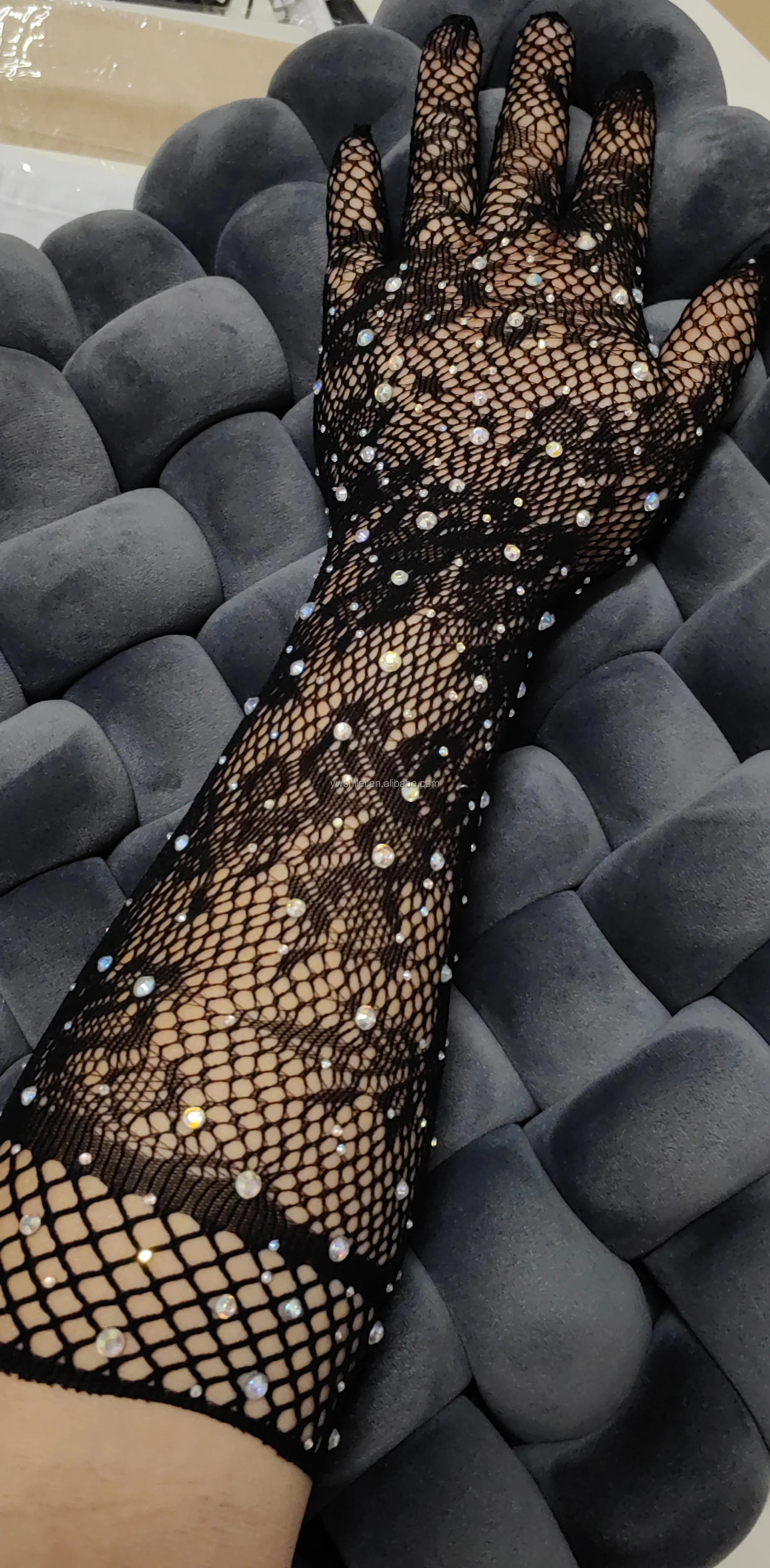 Black Nude Net Mesh Arm Sleeve 80s Opera Glitter Gloves