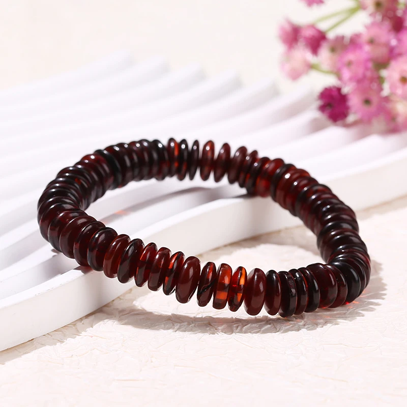JD GEMS Natural Stone 100% Real Healing Amber Beads Bracelet Natural Blood Red Amber Flat Round Spacer Beaded Bracelet