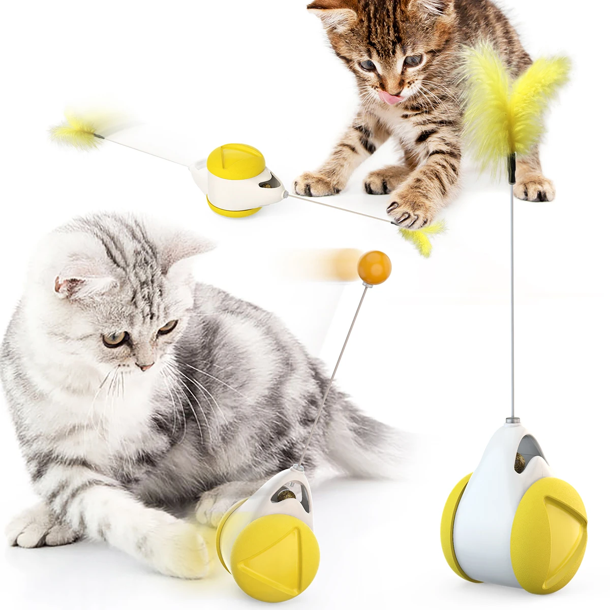 Training Catnip Ball Wheel Rotate Pet Tumbler Stick Feather Interactive Cat Toy with Owner