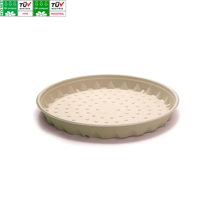 Custom Service Sugarcane Bagasse Round White Brown Tray Microwave Safe Sugar Cane Pizza Dishes Food Plate Dish