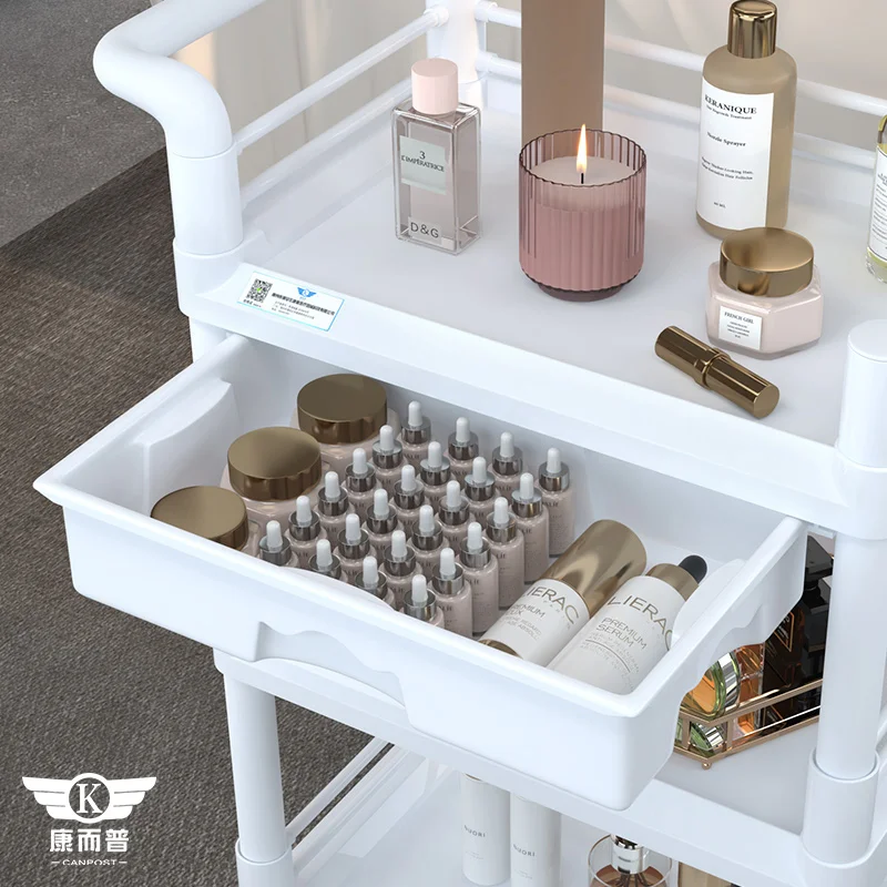 Triple ABS beauty salon trolley with drawer Spa bowl Dirt bucket Beauty Spa Car White Grey storage car Factory wholesale