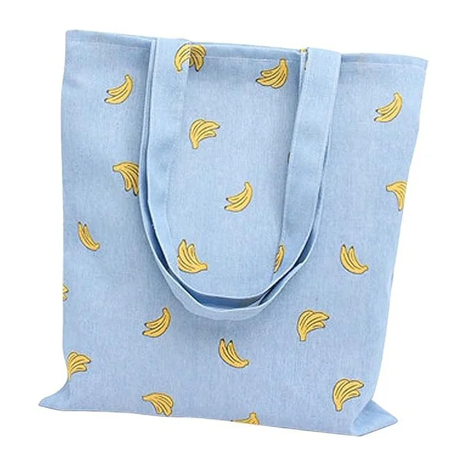 Eco Friendly Beach Women Banana Print Blue Canvas Plain Durable Cotton Tote Bag Fashion Custom Tote Bag