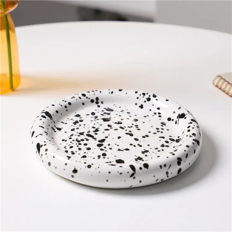 
Food safe personalized round shape speckle decorative white ceramic plates porcelain plate for dinner 