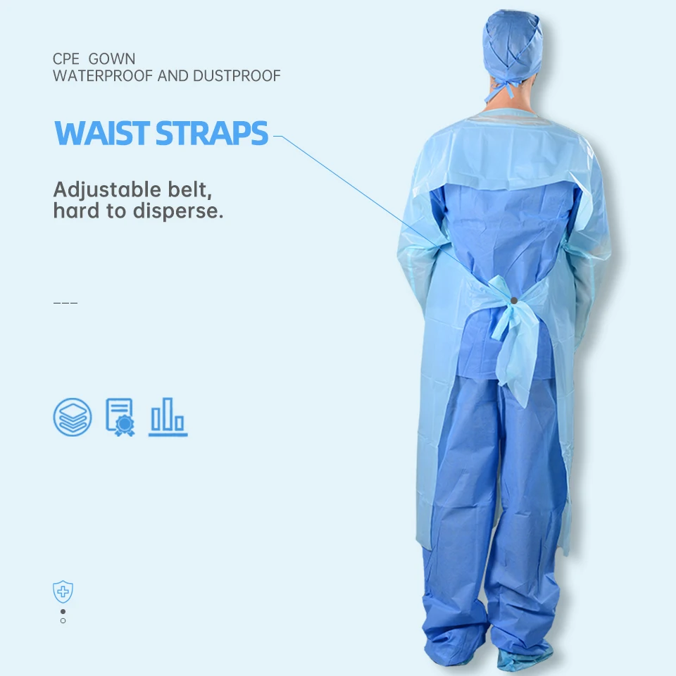 Blue & White disposable waterproof Plastic patient cpe gown with rubber rolled cuff Available in standard and reinforced