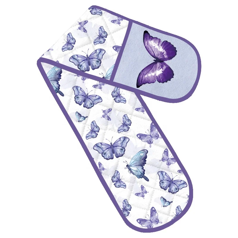 Custom New Design Printed Polyester Cotton Butterfly Pattern Chef Cooking Apron and Kitchen Towel Oven Glove Pot Holder Set