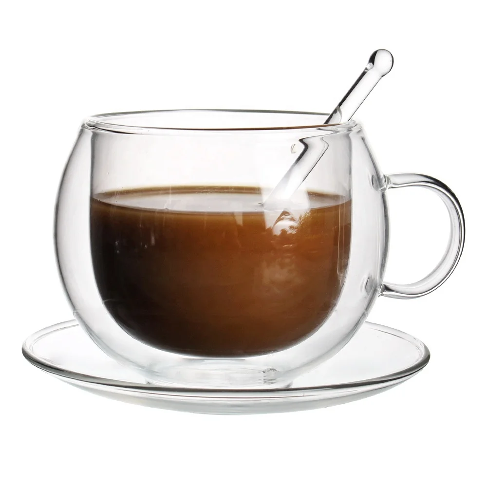 Custom Logo Clear Heat Cold Resistant Borosilicate Glass Insulated Double Walled Glass Coffee Cup Mug With Handle