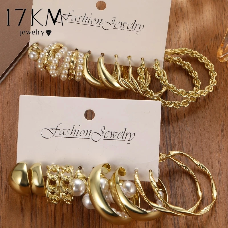 5 Pairs/Set Vintage Pearl Dangle Earring Set Metal Gold Color Hoop Earrings for Women Twist Circle Earrings Hollow Jewelry