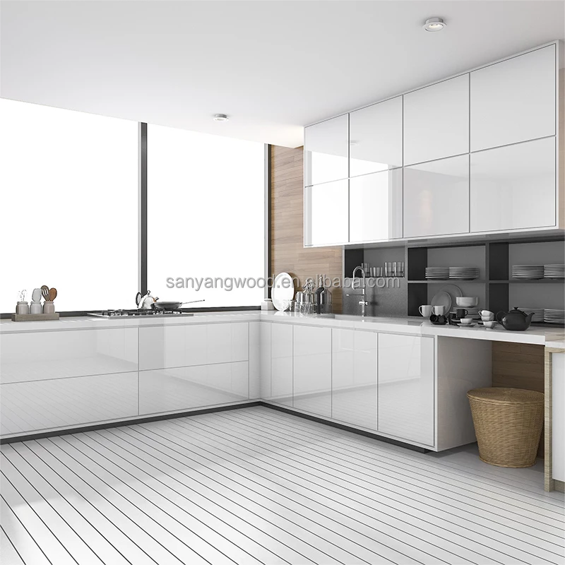 Home Improvement Kitchen Cupboard White PET Lacquer High Glossy Kitchen Cabinet Design